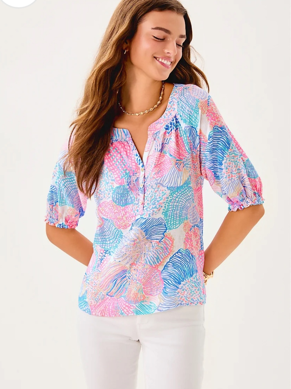 Lilly Pulitzer Seacoast Linen Caprina Roar Of The Seas Puff Sleeve Top Medium - Picture 13 of 13
